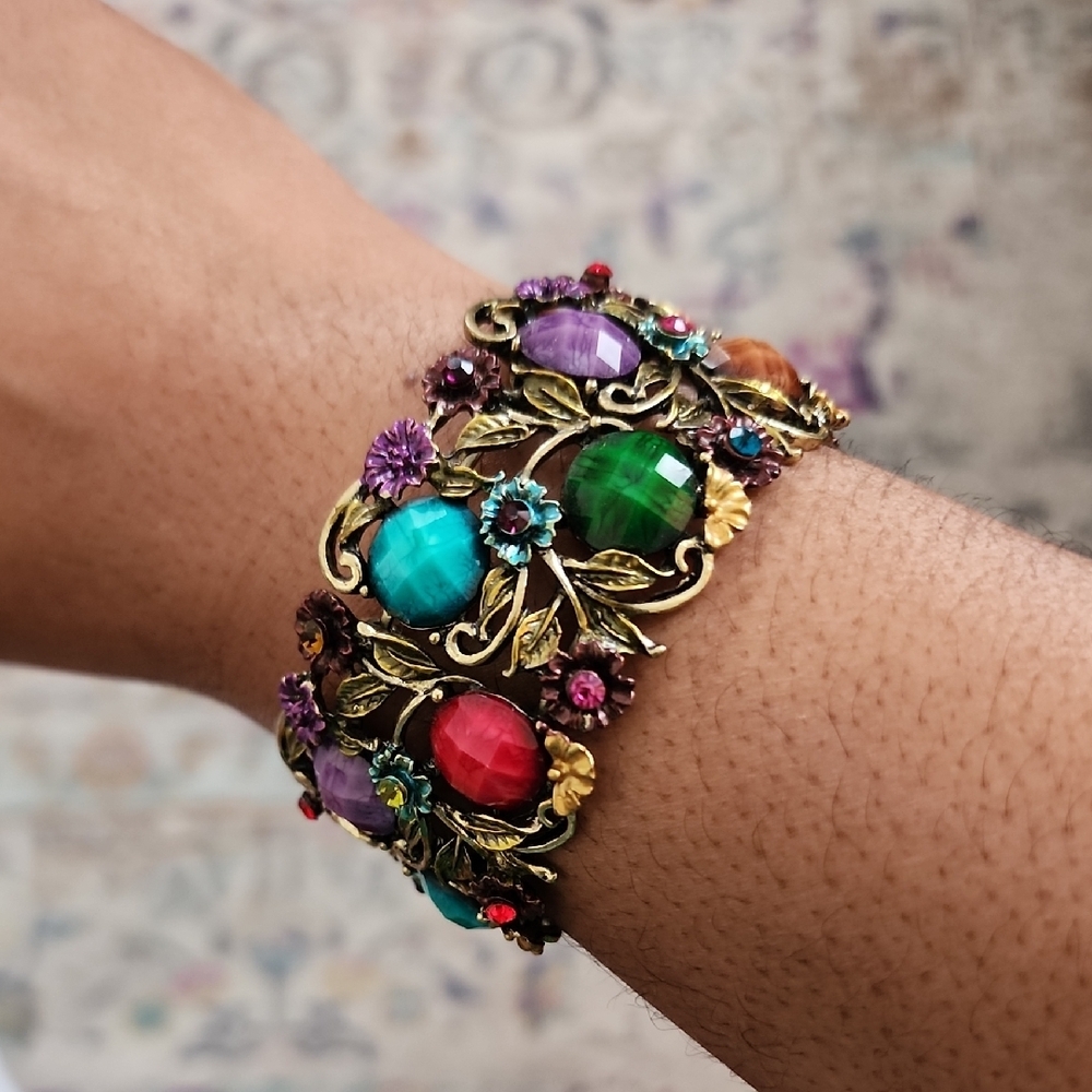 Multicolor Gemstone Floral Statement Bracelet Gold Tone Cluster Bold